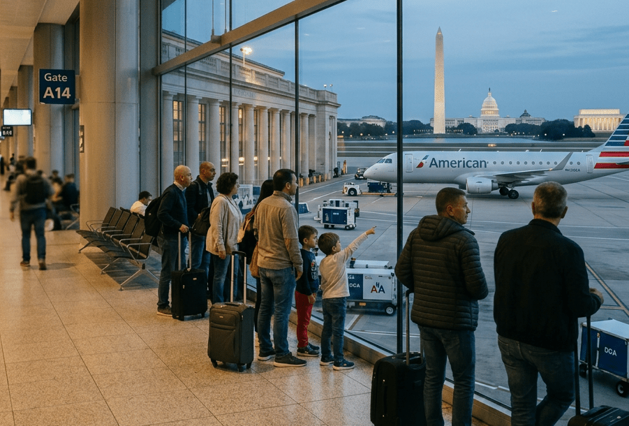 Group of people standing with luggage inside airport terminal watching planes land through large windows