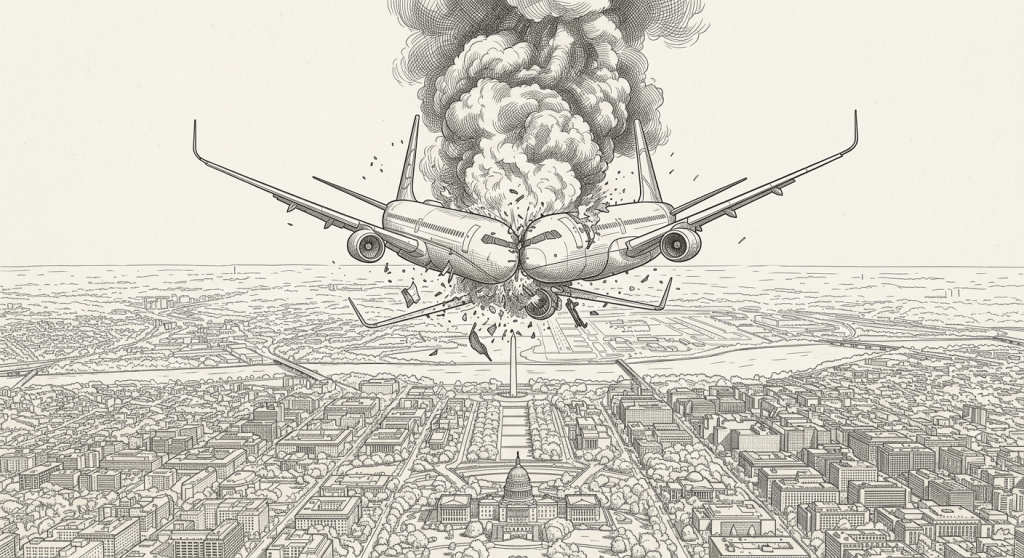 Midair aircraft collision explosion over city Two commercial airplanes crashing midair with a large fireball and smoke above a cityscape
