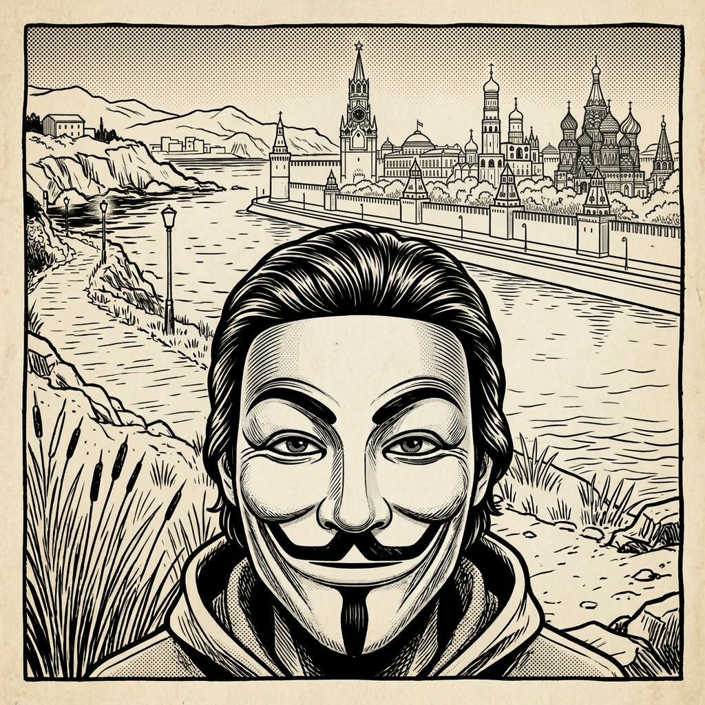 Person wearing a Guy Fawkes mask with the Moscow Kremlin and river in the background