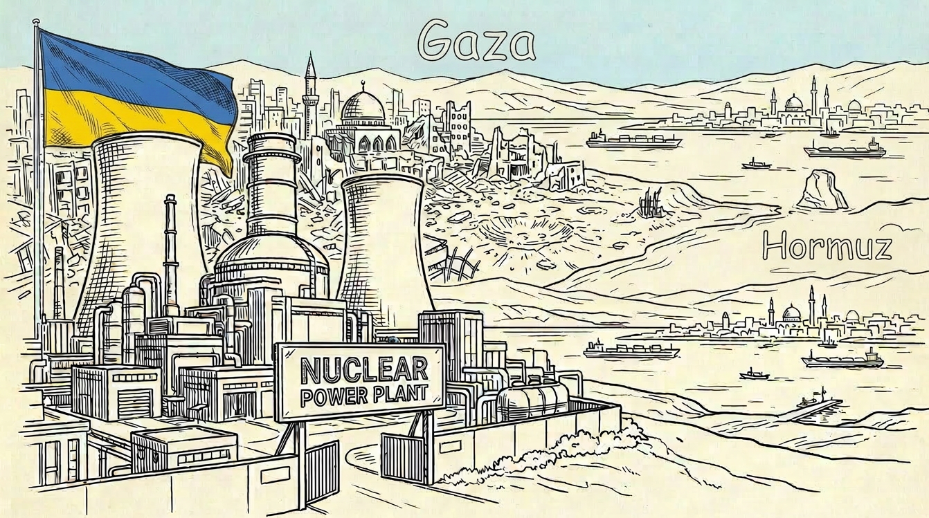 Nuclear power plant near coastline with Ukrainian flag and distant Gaza city