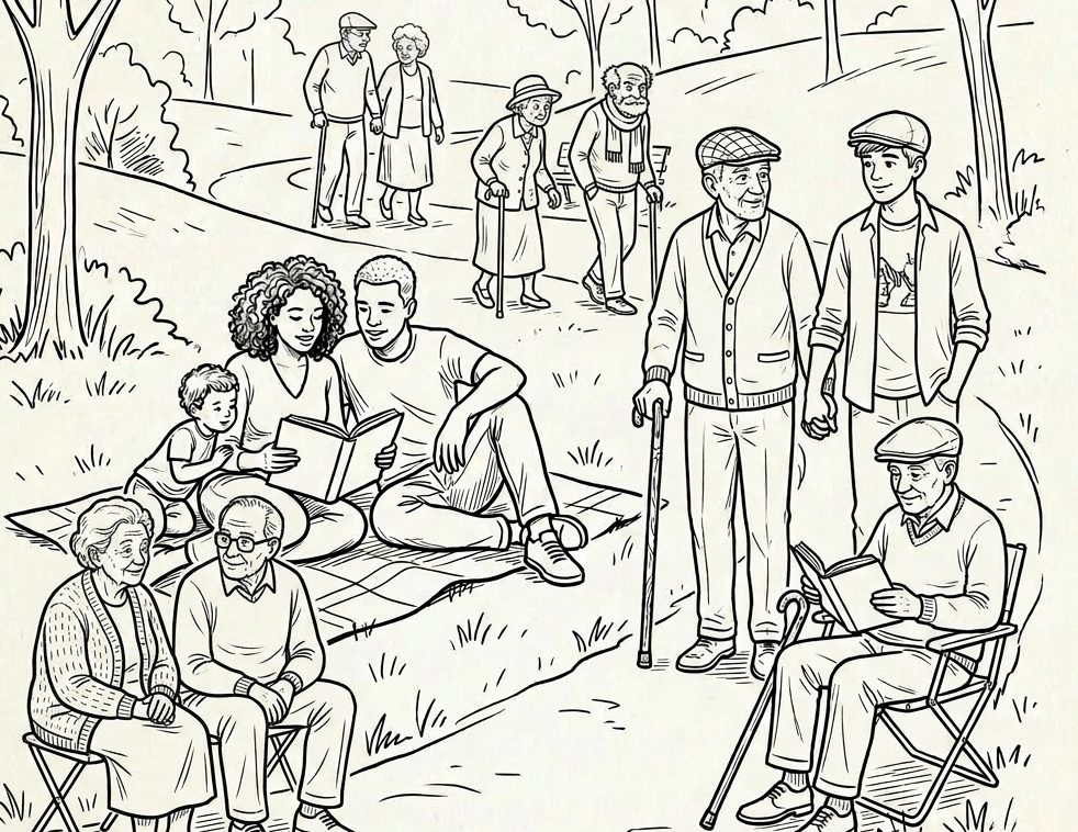 Family reading on blanket, elderly couple walking, and young couple holding hands in park