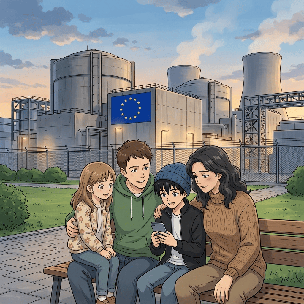 Four friends sitting on a bench near an industrial power plant, looking at a smartphone.
