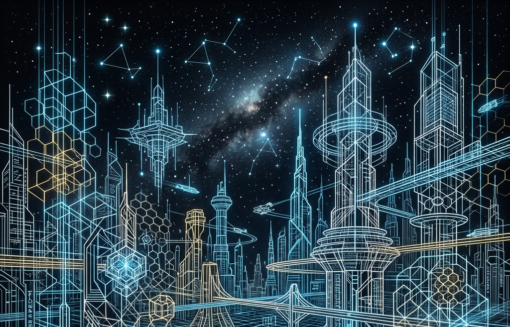 Digital schematic of a futuristic city with towers, data grids, and flying vehicles beneath constellations