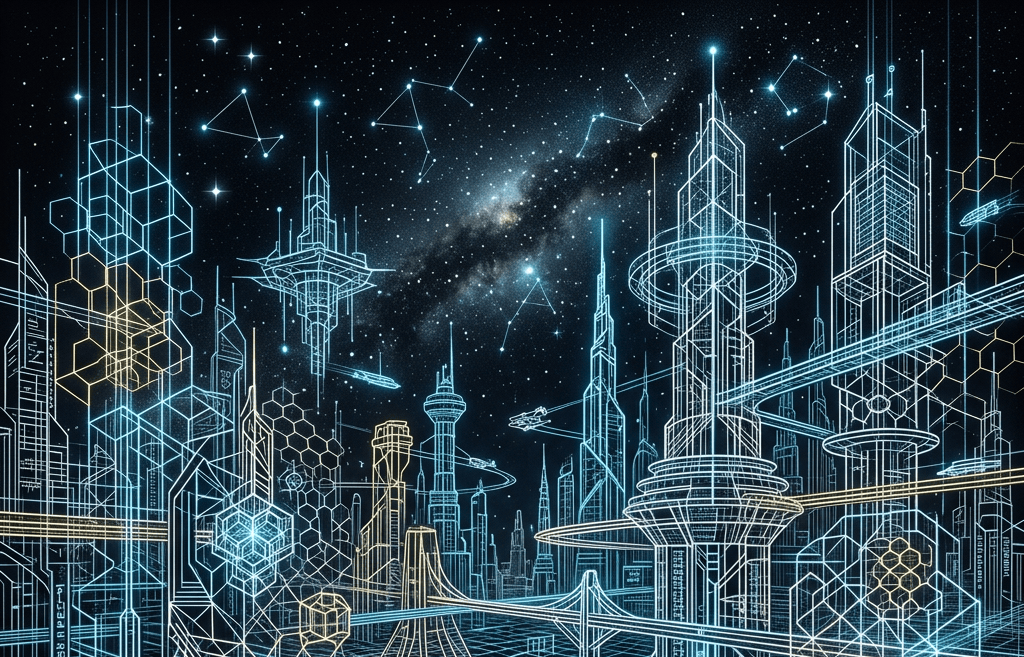Digital schematic of a futuristic city with towers, data grids, and flying vehicles beneath constellations
