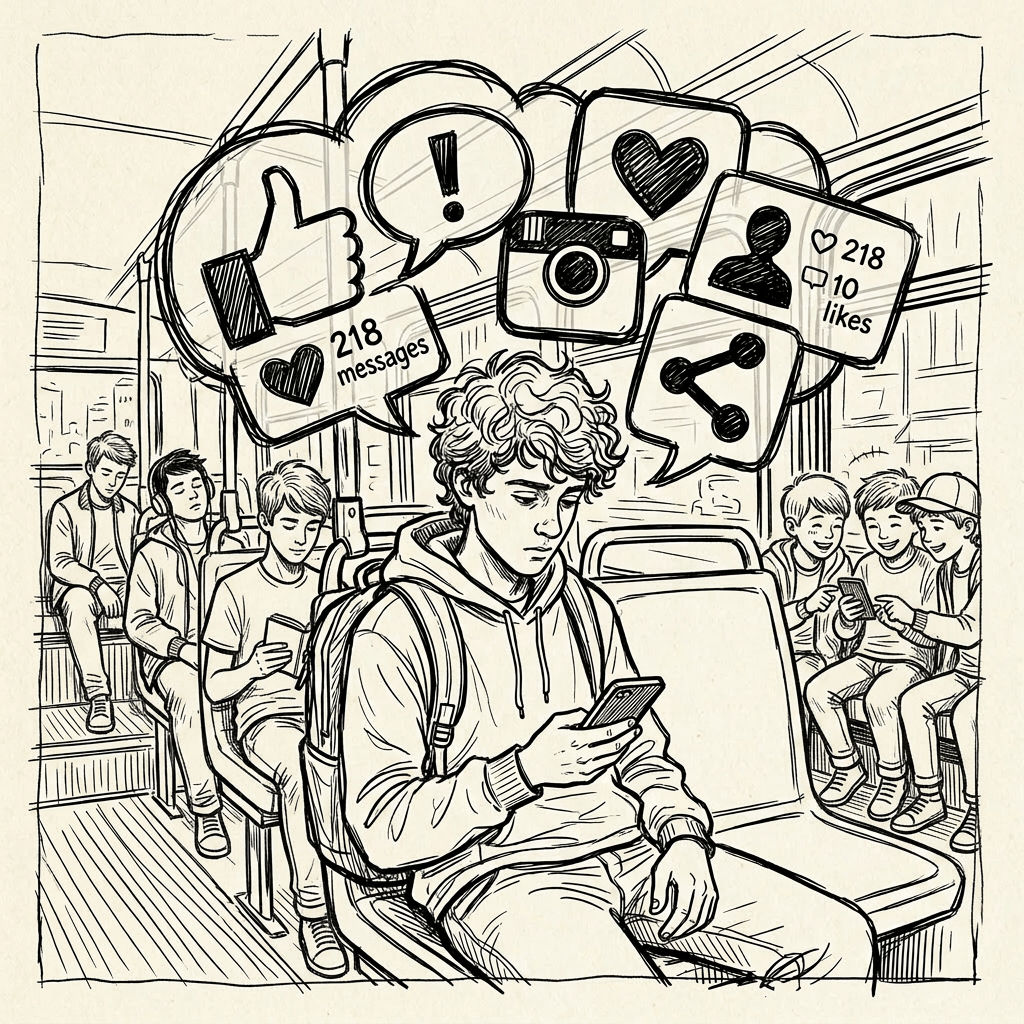Teenager sitting alone on bus looking at smartphone with social media icons and notifications around