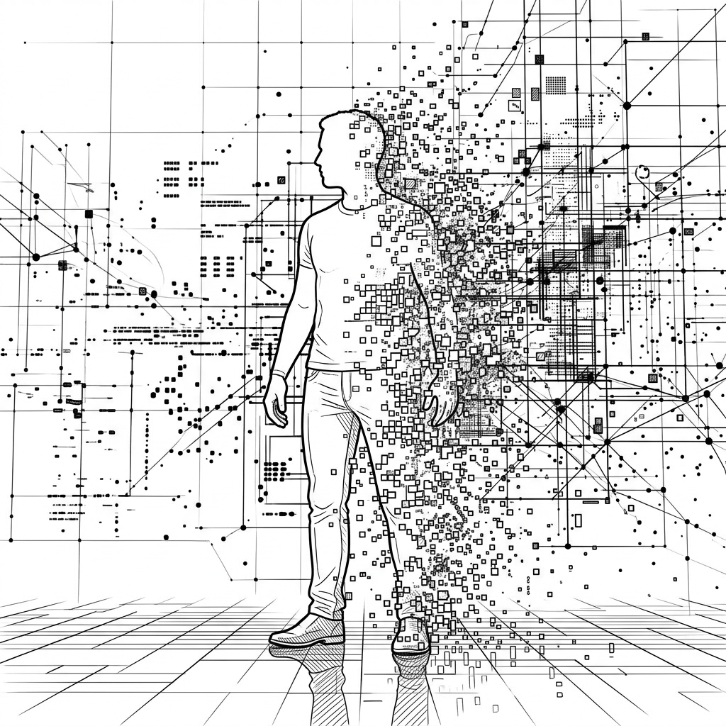 Silhouette of a man with pixelated digital data dispersing from his body amid glowing blue and orange data grids