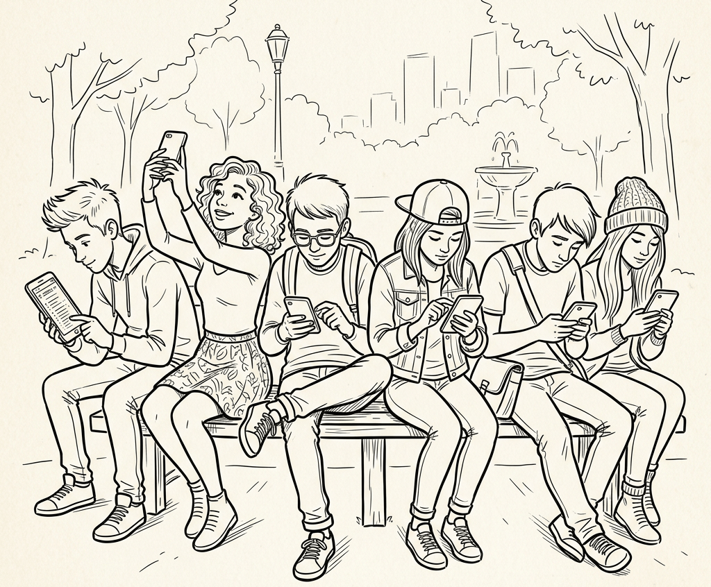 Six young people sitting on a bench in a park, each using a smartphone in various ways.