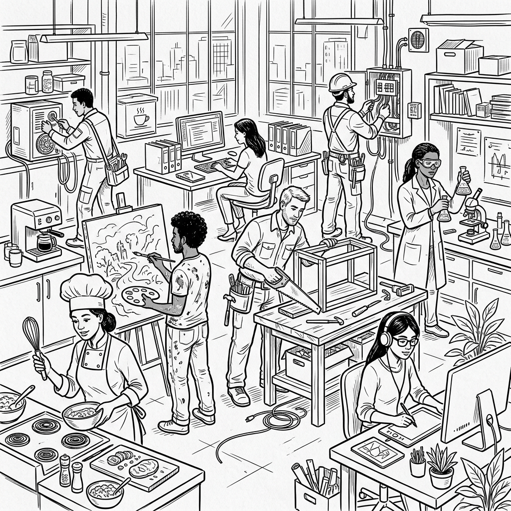 People doing different jobs indoors together